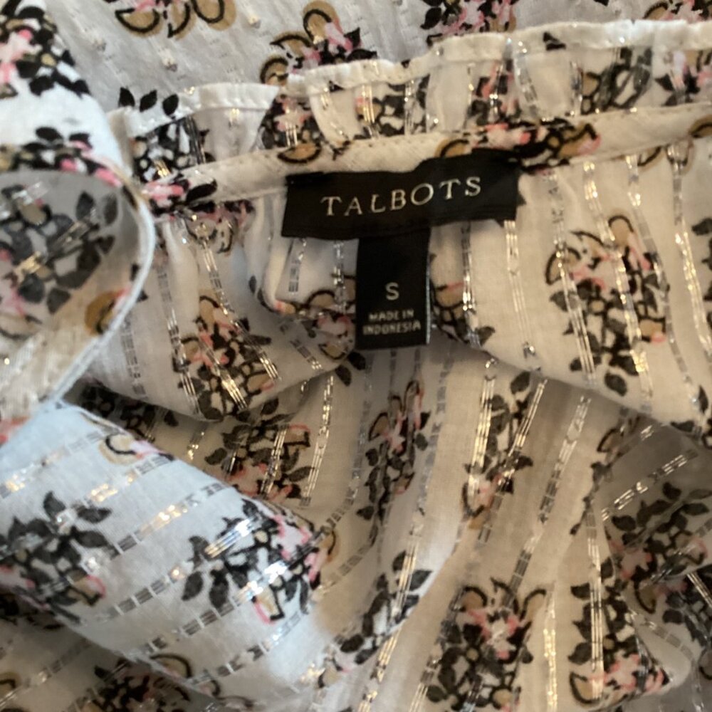 Talbots Top‎ Size Small Sleeveless Floral Metallic Ruffle Neck Button Down - Picture 2 of 8